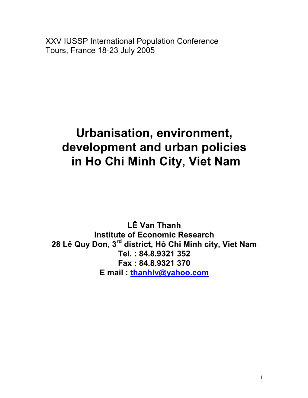 Urbanisation, Environment, Development and Urban Policies in Ho Chi Minh City, Viet Nam