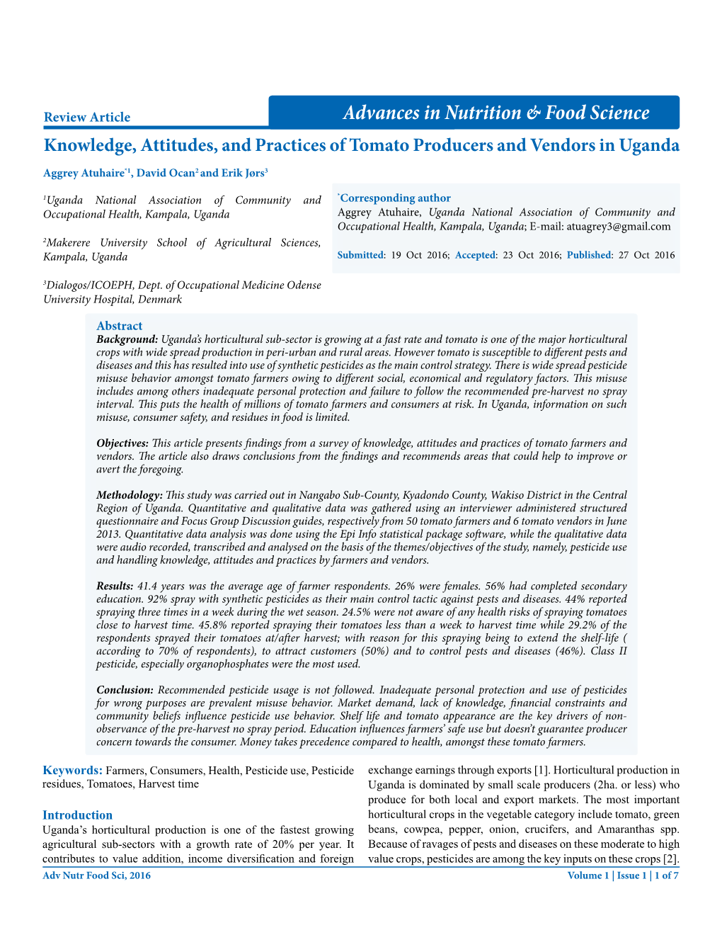 Advances in Nutrition & Food Science Knowledge, Attitudes, And