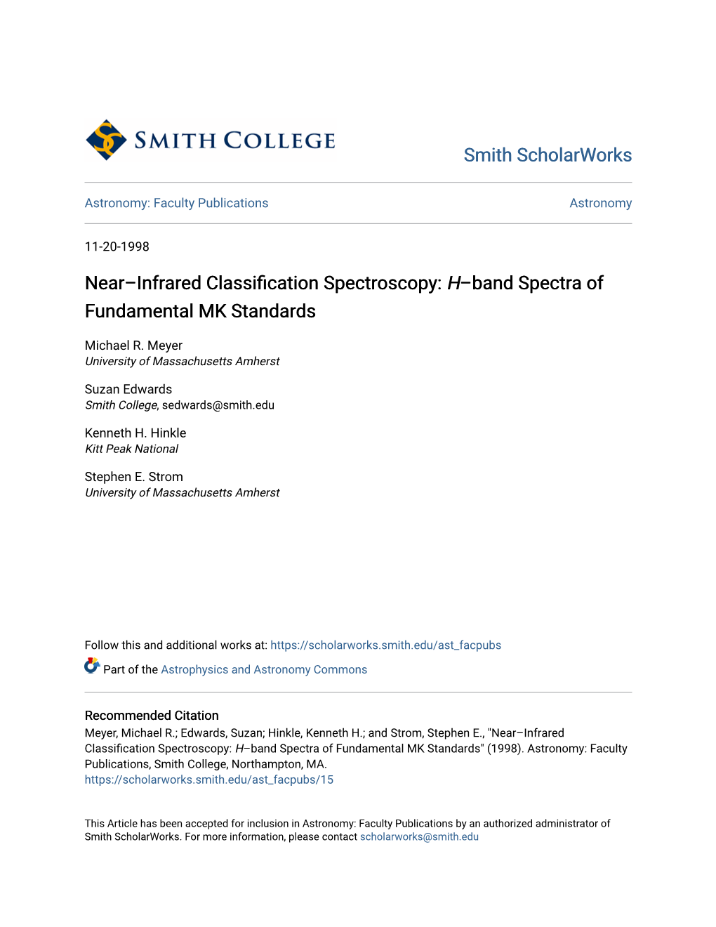 Near–Infrared Classification Spectroscopy: <I>H</I>–Band Spectra of Fundamental MK Standards