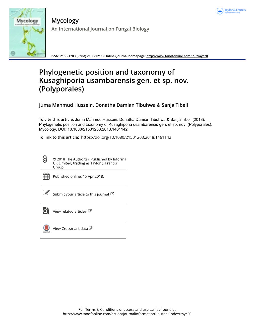 Phylogenetic Position and Taxonomy of Kusaghiporia Usambarensis Gen