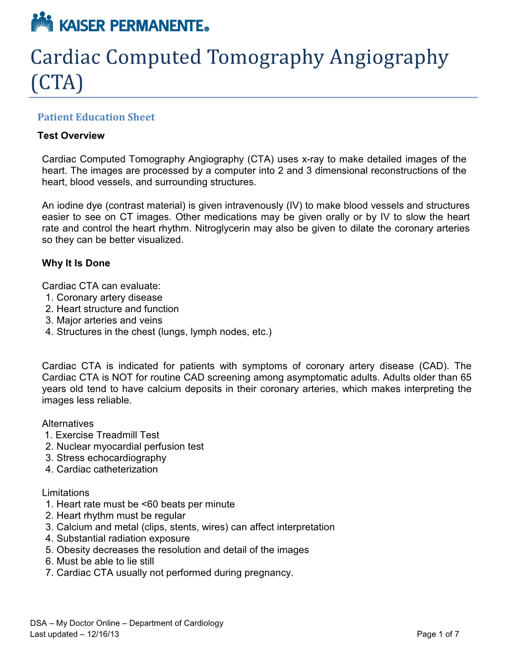 Cardiac Computed Tomography Angiography (CTA)