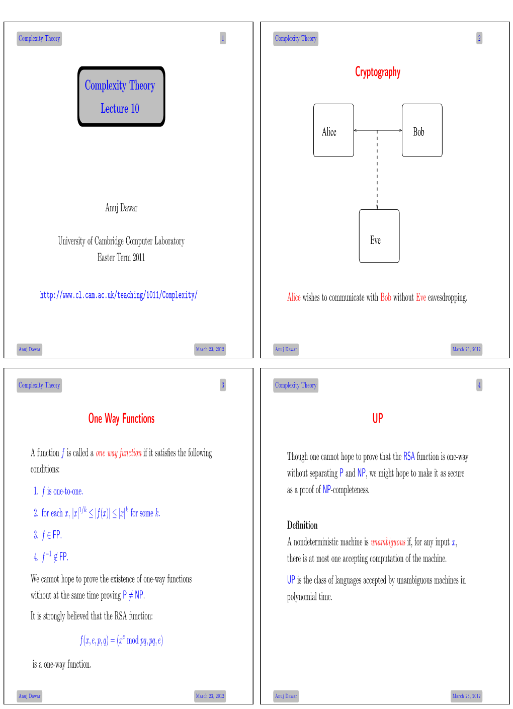 Complexity Theory Lecture 10 Cryptography One Way Functions UP