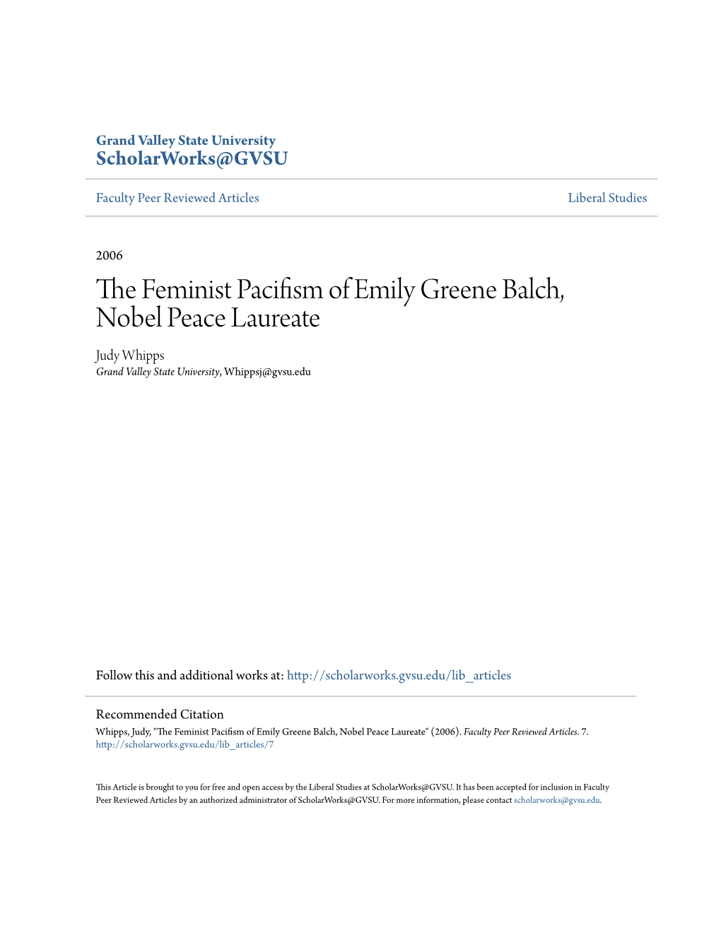 The Feminist Pacifism of Emily Greene Balch, Nobel Peace Laureate