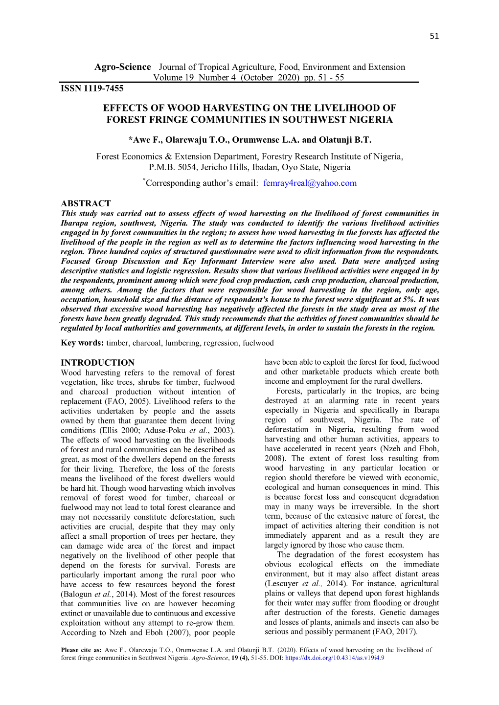 Effects of Wood Harvesting on the Livelihood of Forest Fringe Communities in Southwest Nigeria