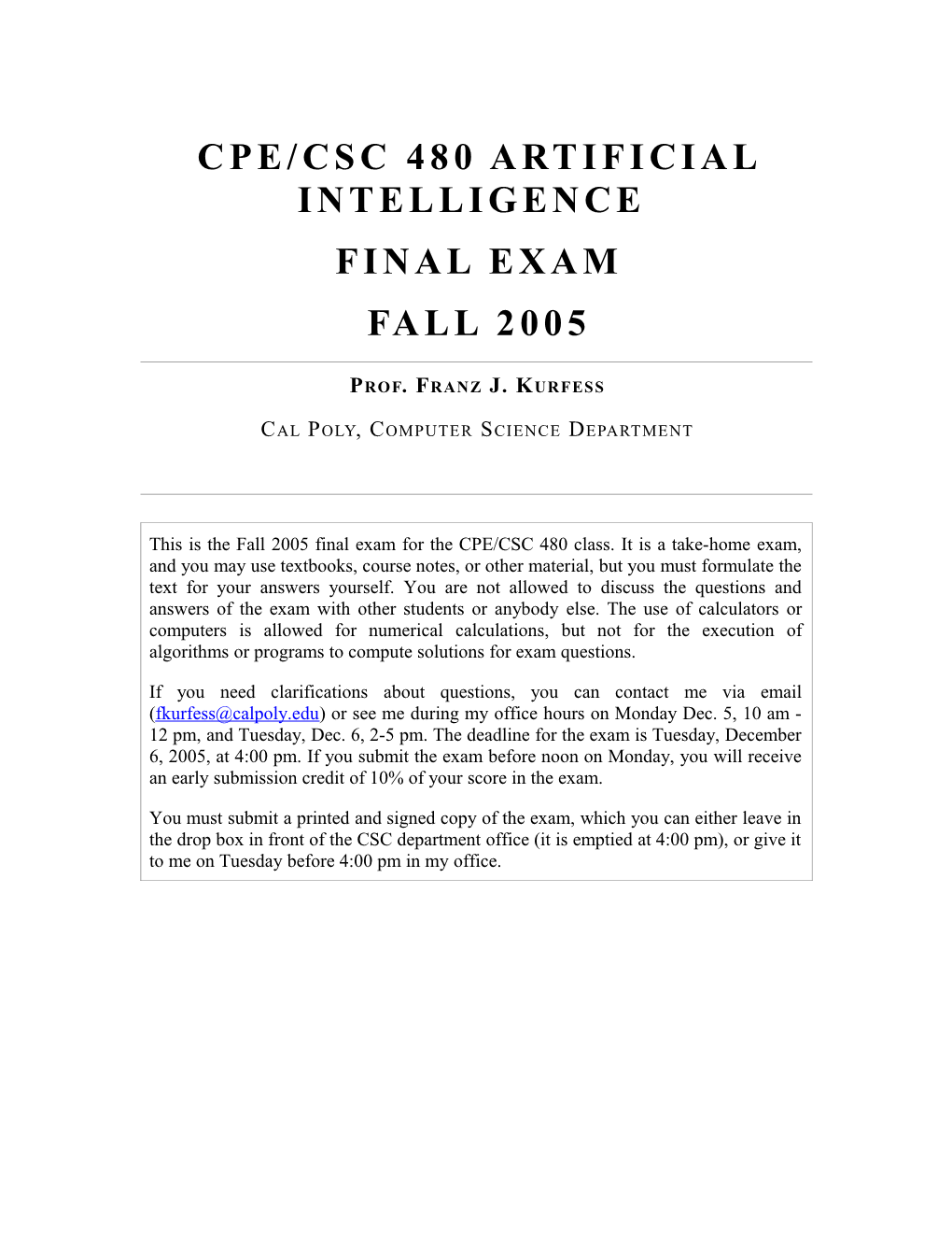 Cpe/Csc 480 Artificial Intelligence