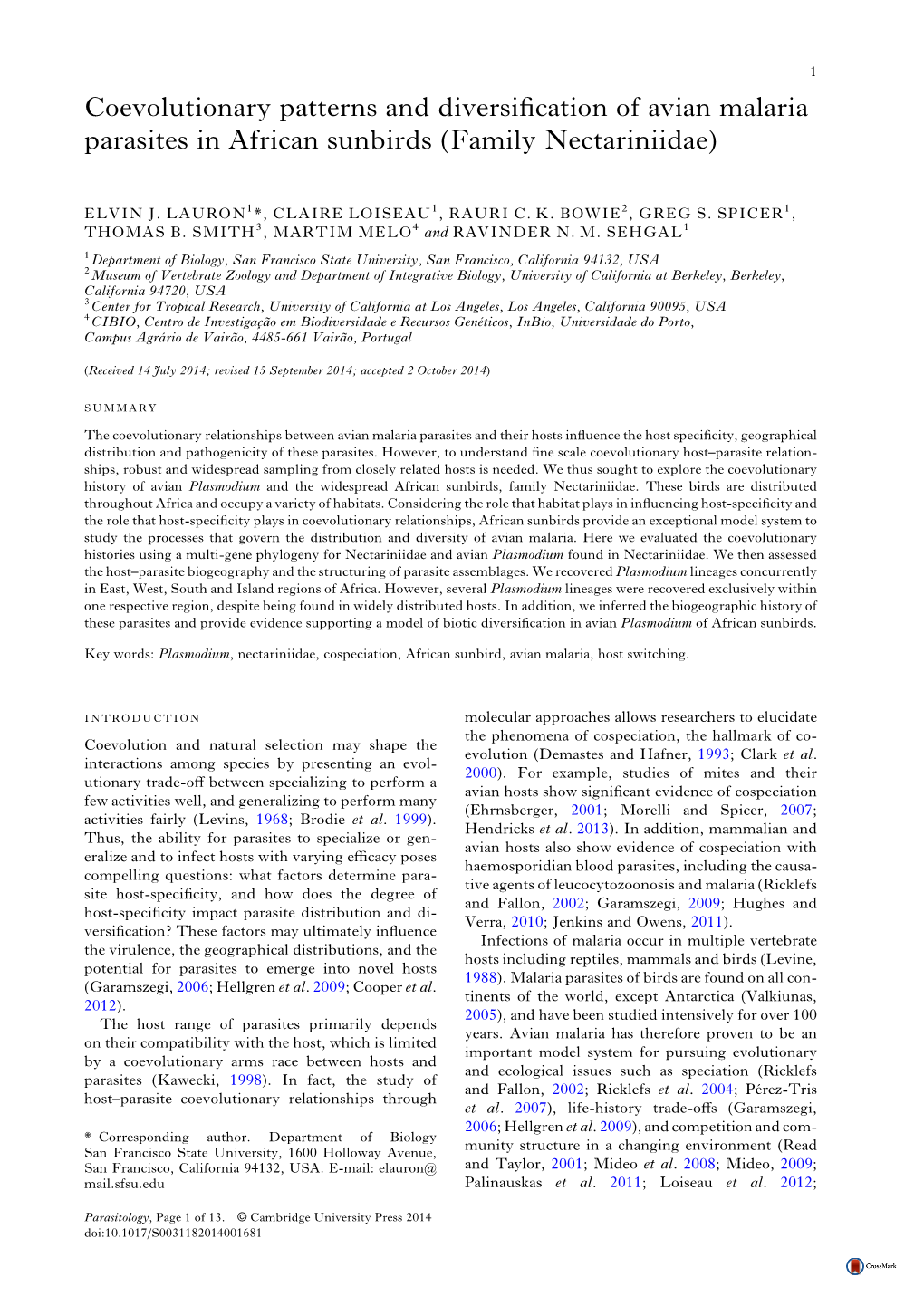 Coevolutionary Patterns and Diversification of Avian Malaria Parasites in African Sunbirds (Family Nectariniidae)