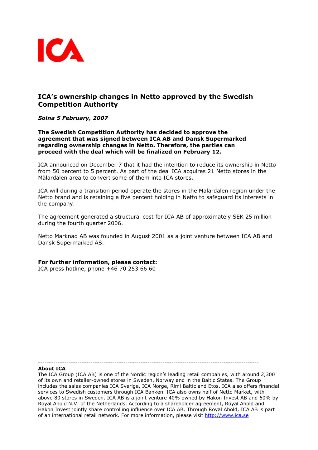 ICA's Ownership Changes in Netto Approved by The