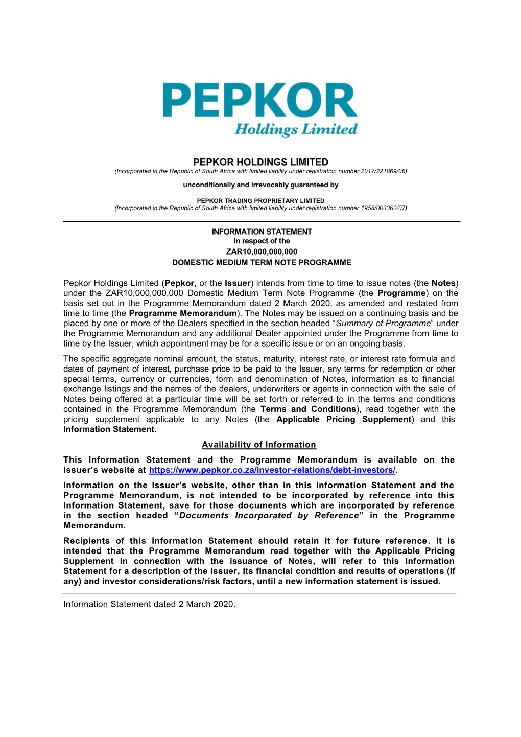 PEPKOR HOLDINGS LIMITED (Incorporated in the Republic of South Africa with Limited Liability Under Registration Number 2017/221869/06)