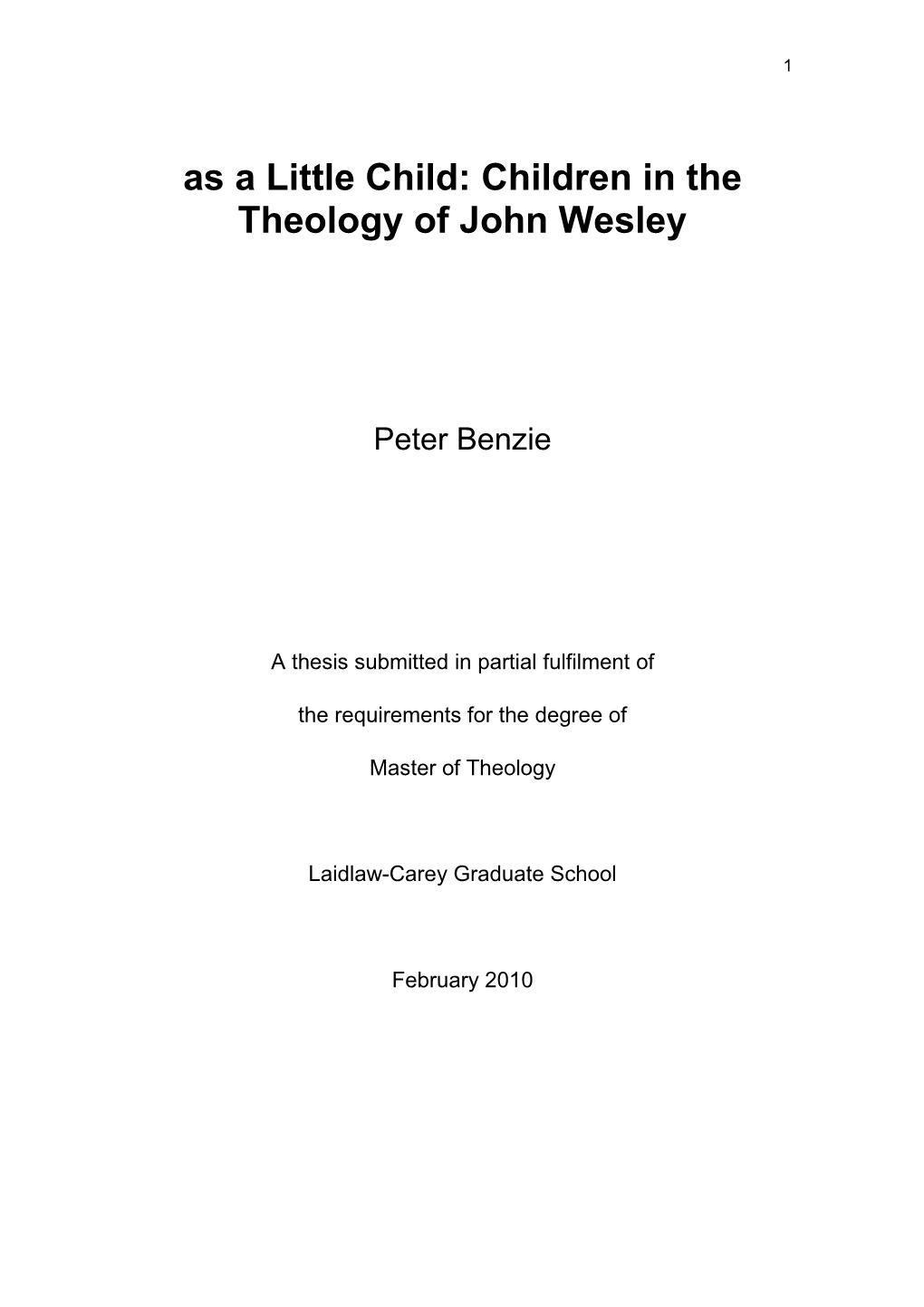 As a Little Child: Children in the Theology of John Wesley