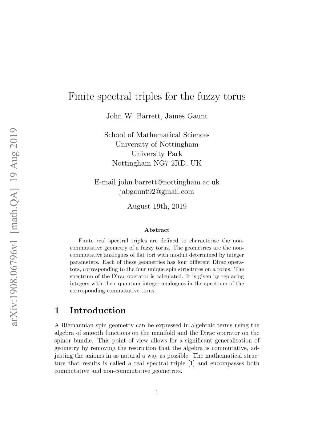 Finite Spectral Triples for the Fuzzy Torus Arxiv:1908.06796V1 [Math.QA