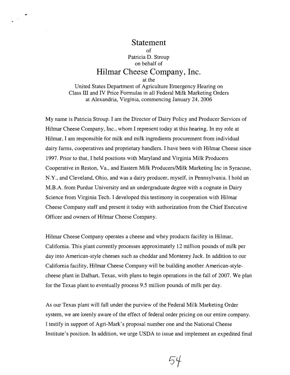 Statement Hilmar Cheese Company, Inc