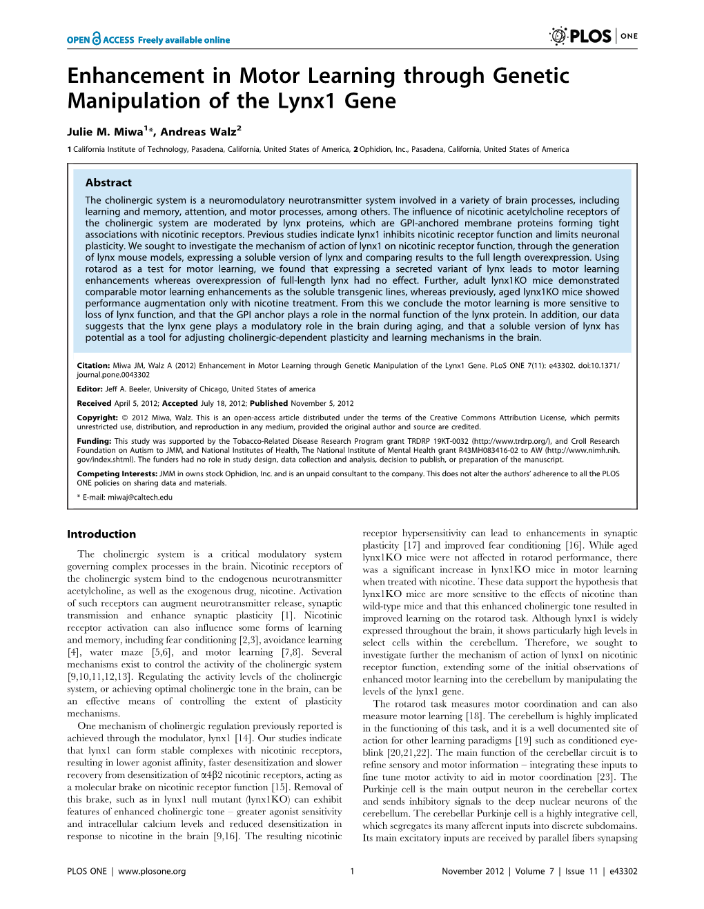 Enhancement in Motor Learning Through Genetic Manipulation of the Lynx1 Gene