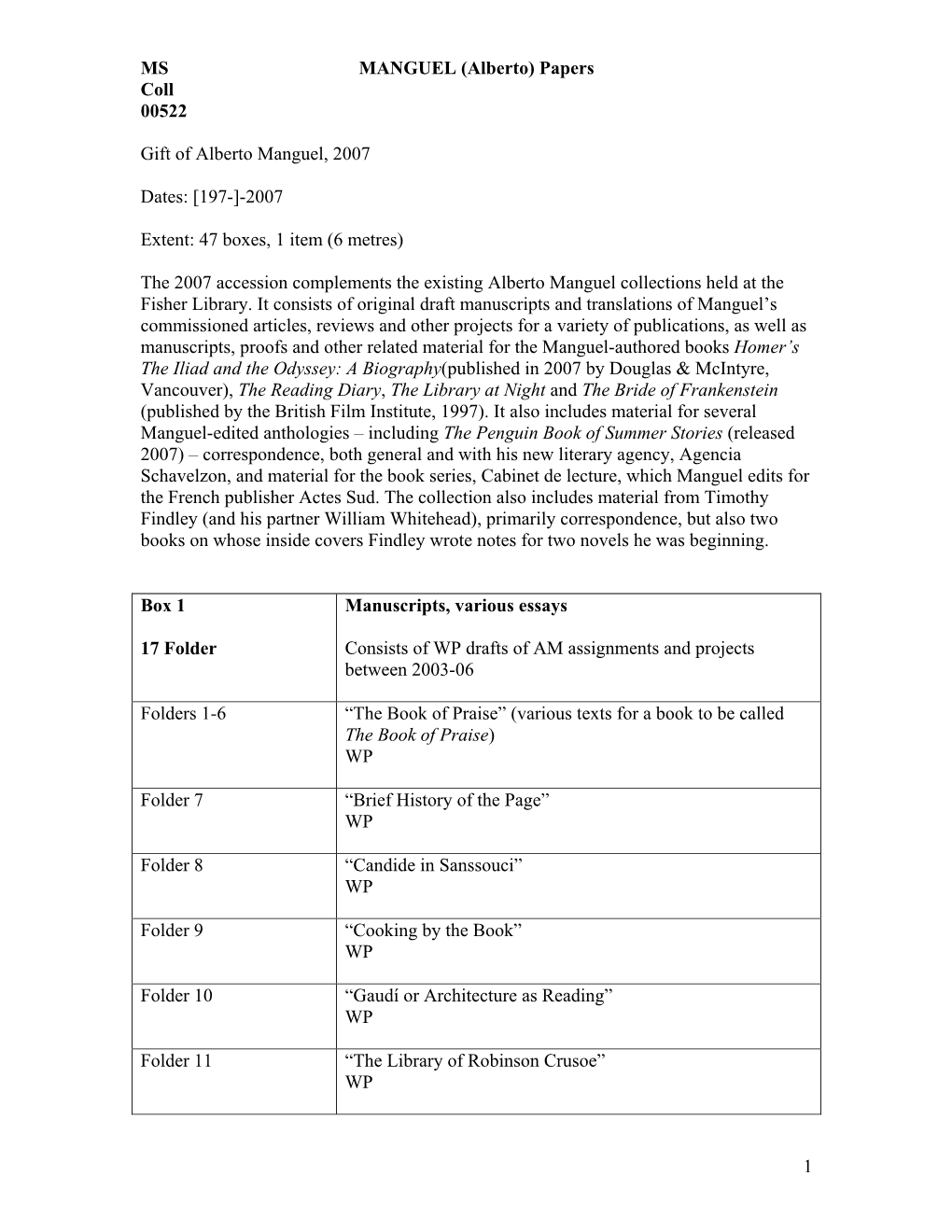 MS MANGUEL (Alberto) Papers Coll 00522 1 Gift of Alberto Manguel, 2007 Dates: [197-]-2007 Extent: 47 Boxes, 1 Item (6 Metres) Th