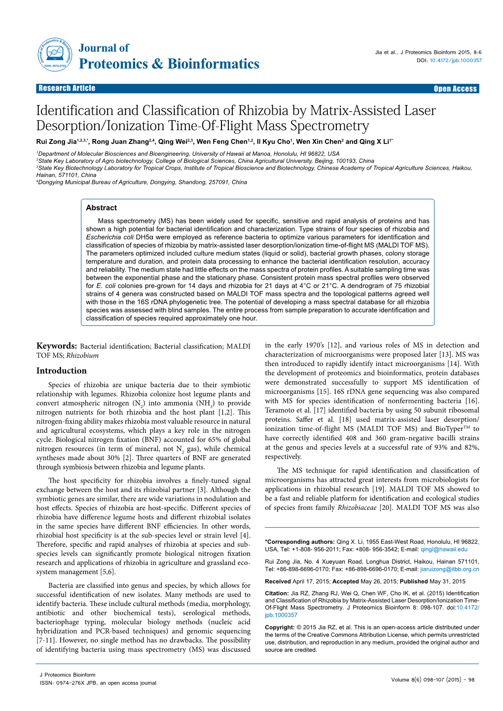 Identification and Classification of Rhizobia by Matrix-Assisted Laser