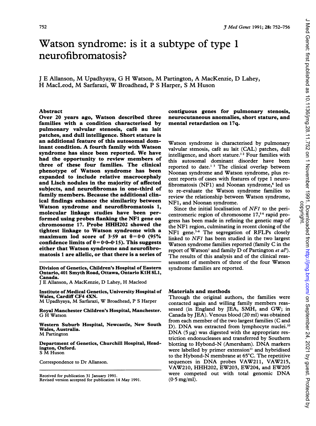 Watson Syndrome: Is It a Subtype of Type 1 Neurofibromatosis?