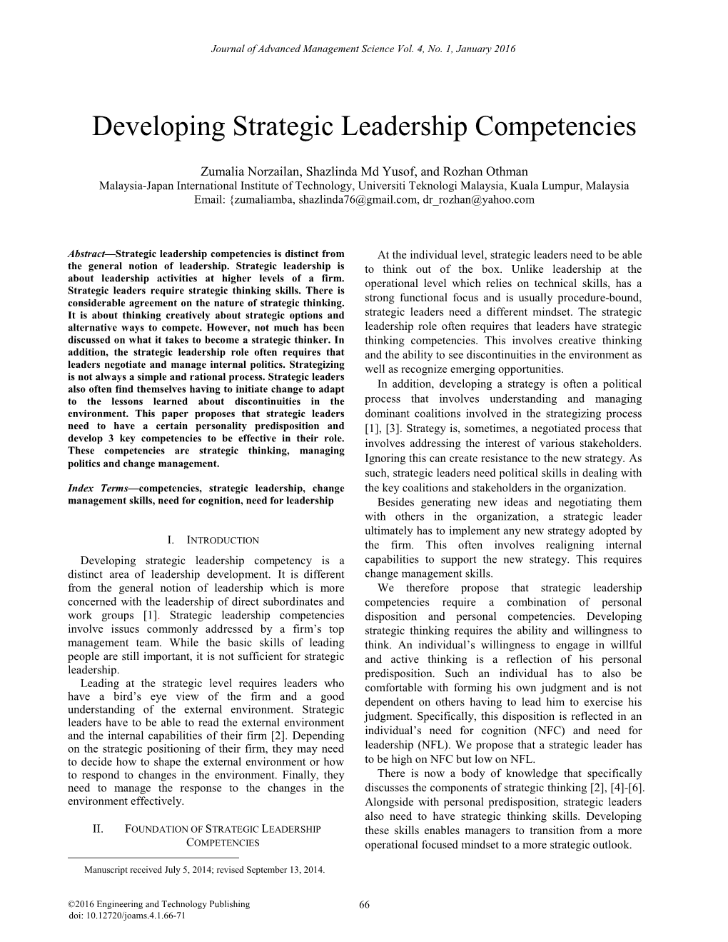 Developing Strategic Leadership Competencies