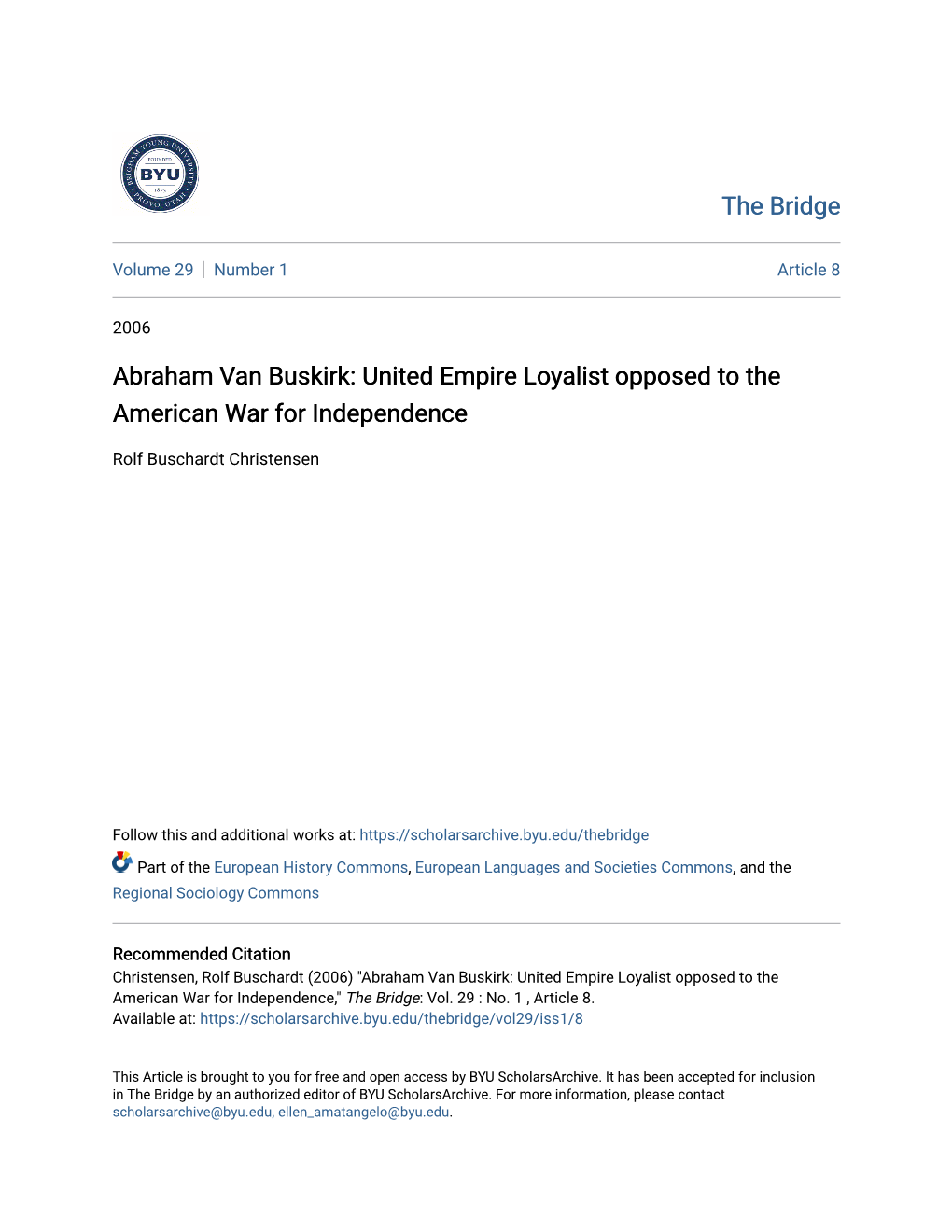 Abraham Van Buskirk: United Empire Loyalist Opposed to the American War for Independence