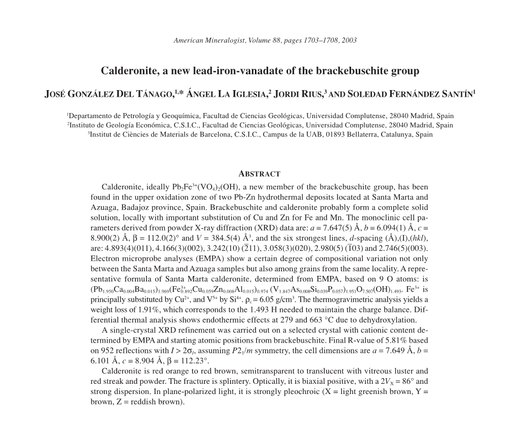 Calderonite, a New Lead-Iron-Vanadate of the Brackebuschite Group