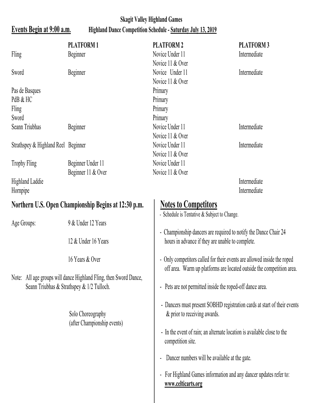 Notes to Competitors - Schedule Is Tentative & Subject to Change