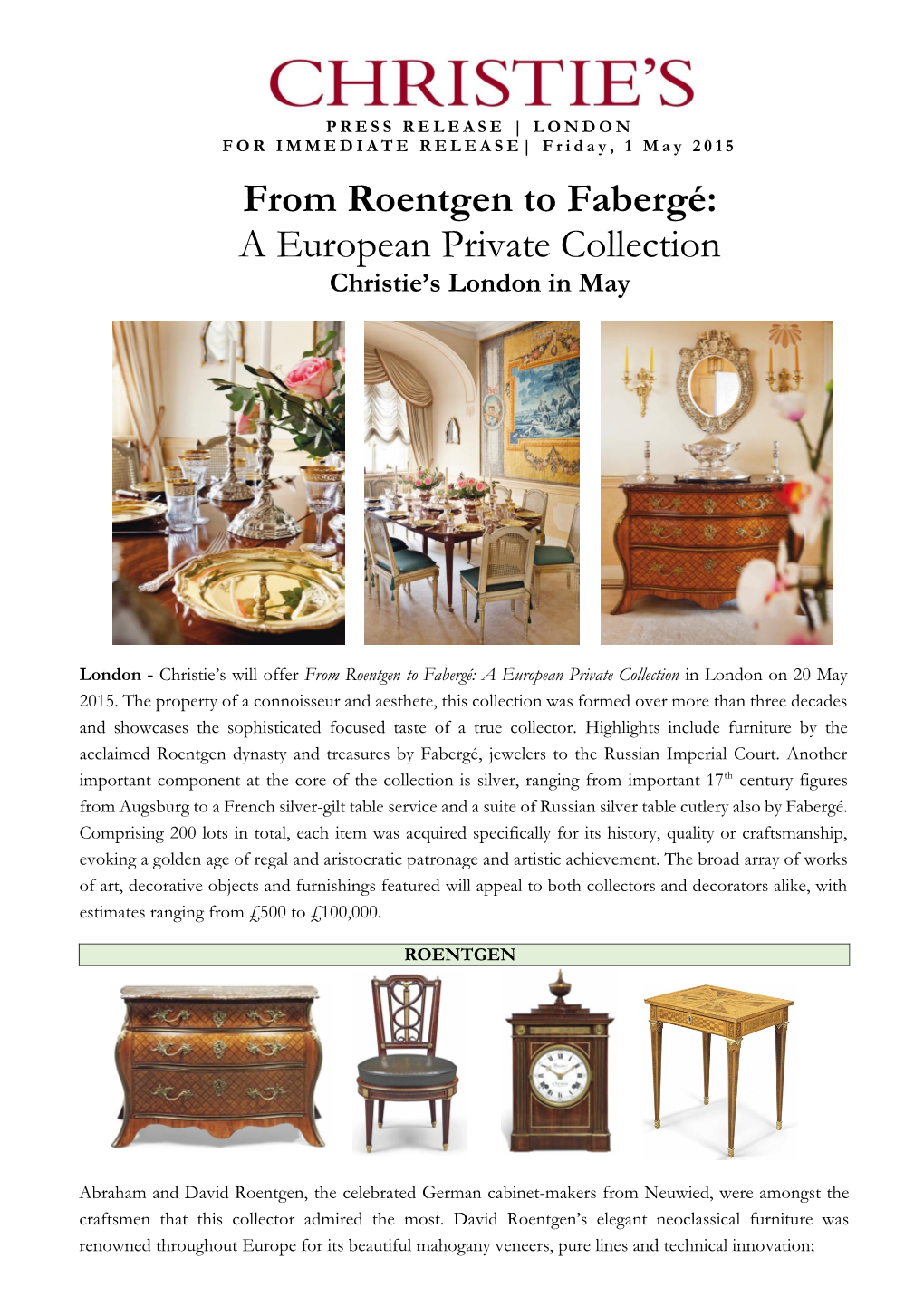 From Roentgen to Fabergé: a European Private Collection Christie’S London in May