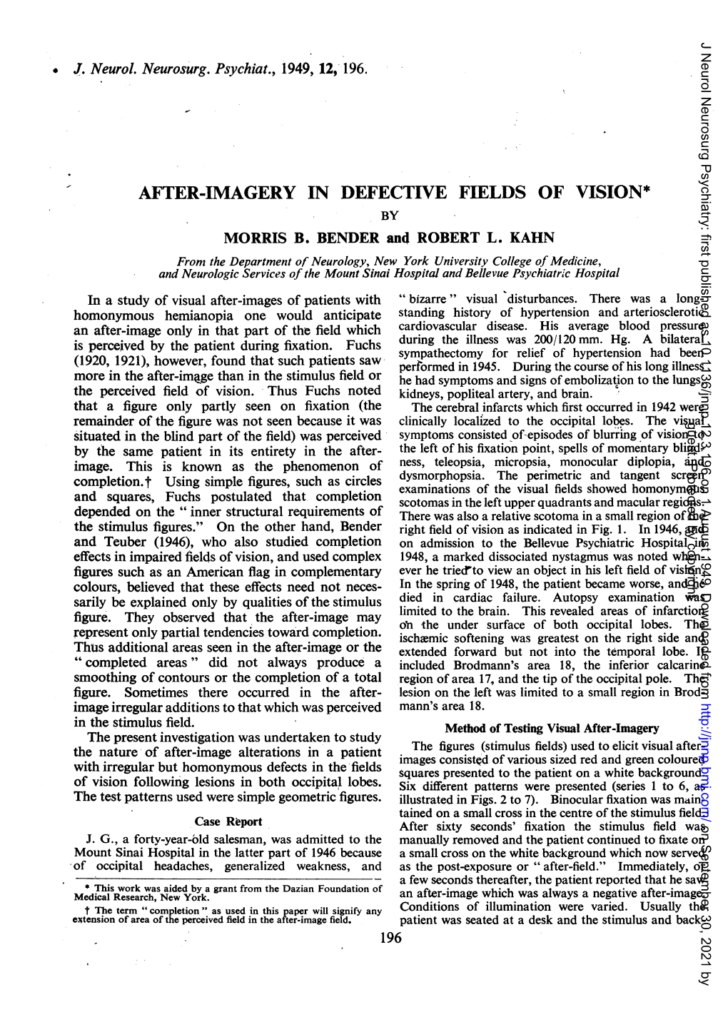 After-Imagery in Defective Fields of Vision* by Morris B