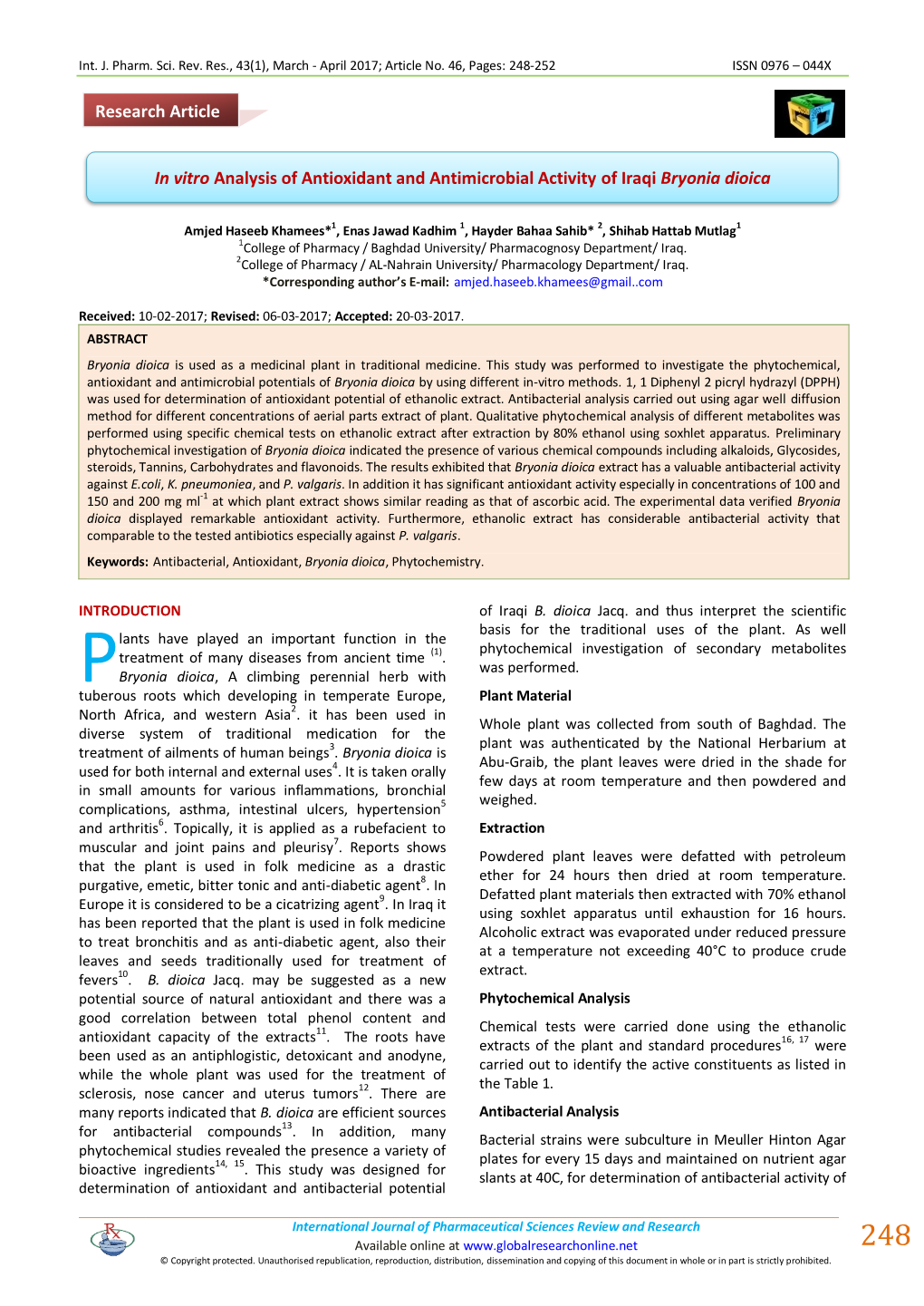 In Vitro Analysis of Antioxidant and Antimicrobial Activity of Iraqi Bryonia Dioica