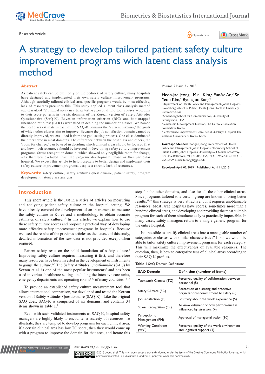 Jeong HJ, Kim M, an EA, Et Al. a Strategy to Develop Tailored Patient Safety Culture Improvement Programs with Latent Class Analysis Method
