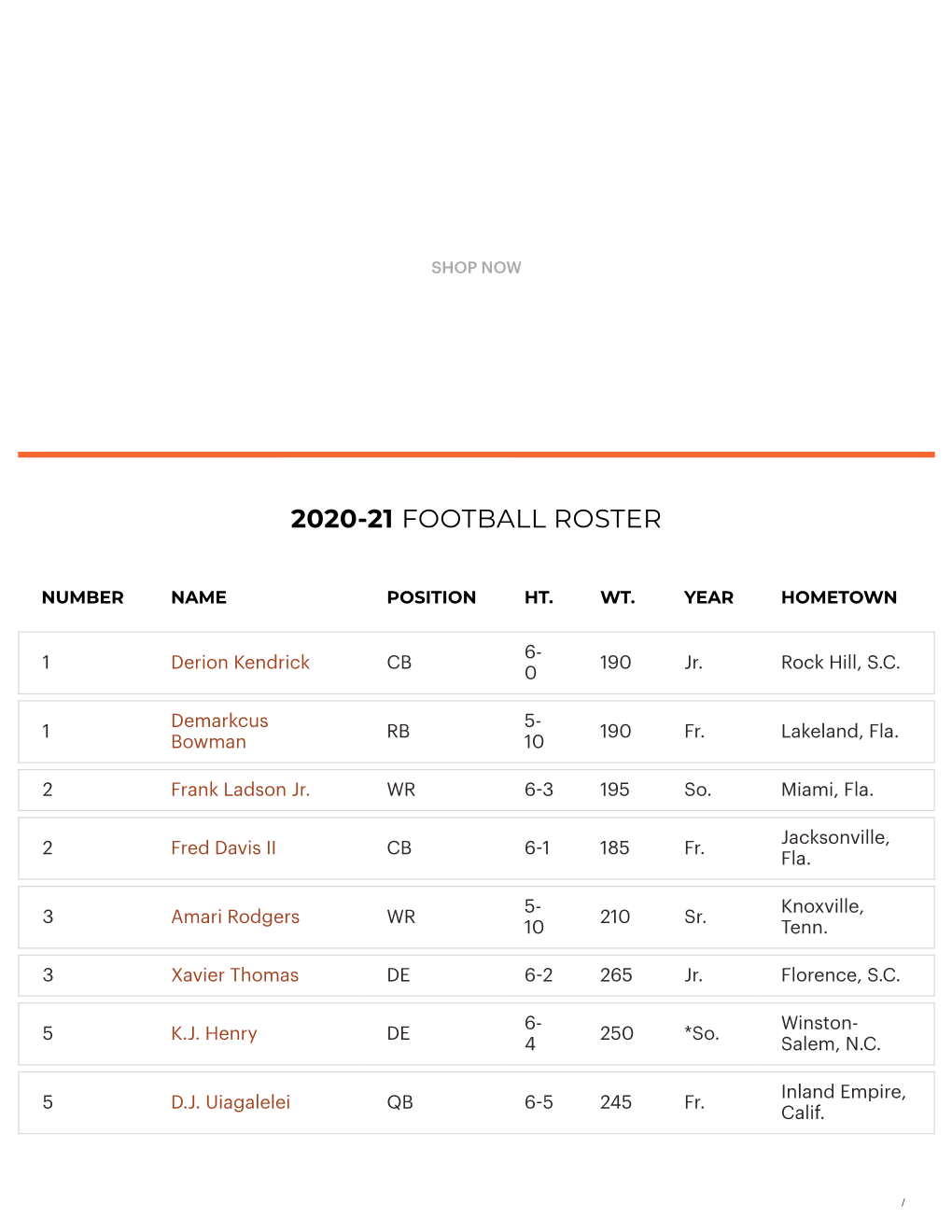 2020-21 Football Roster