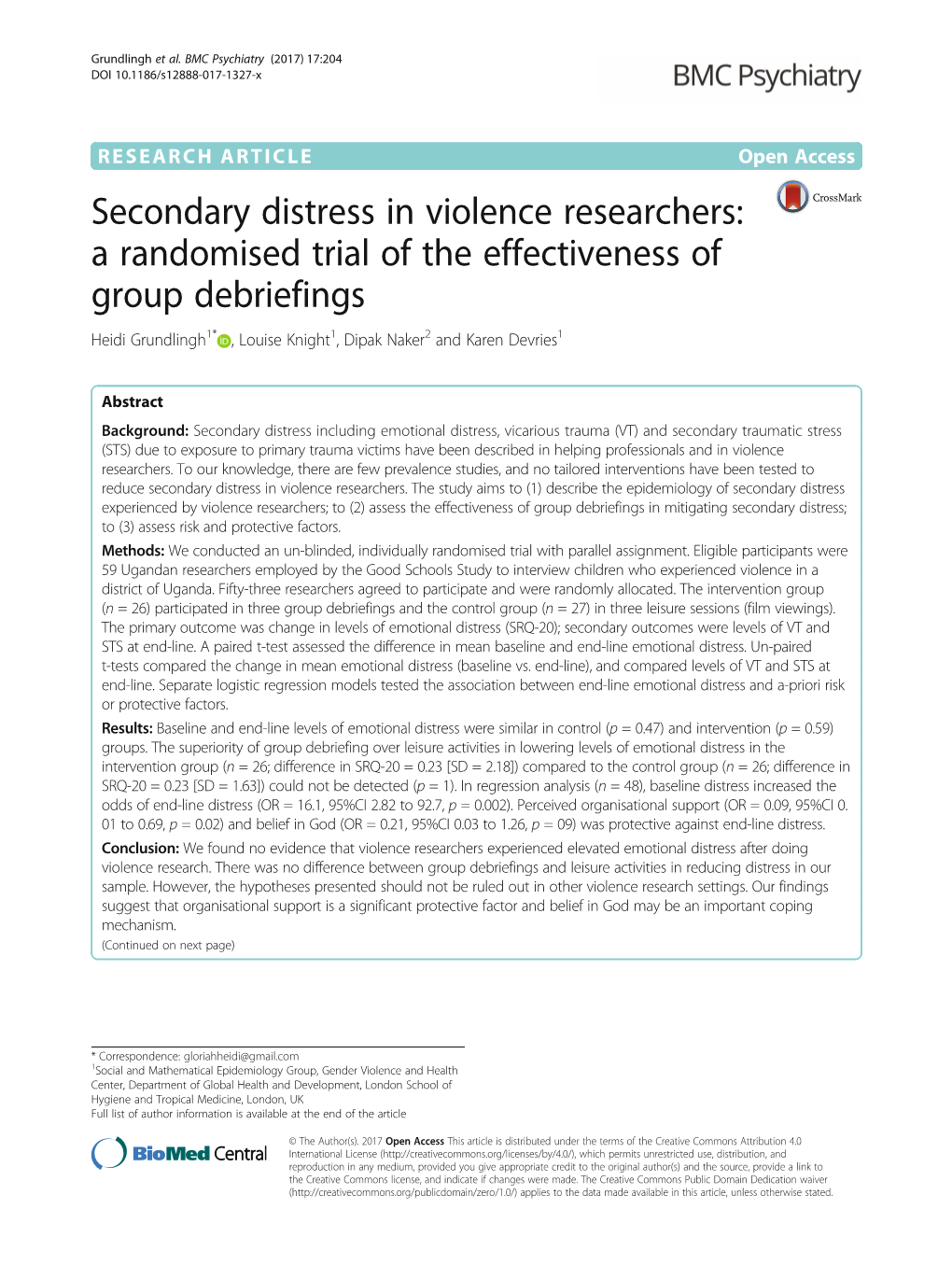 Secondary Distress in Violence Researchers: a Randomised Trial of the Effectiveness of Group Debriefings