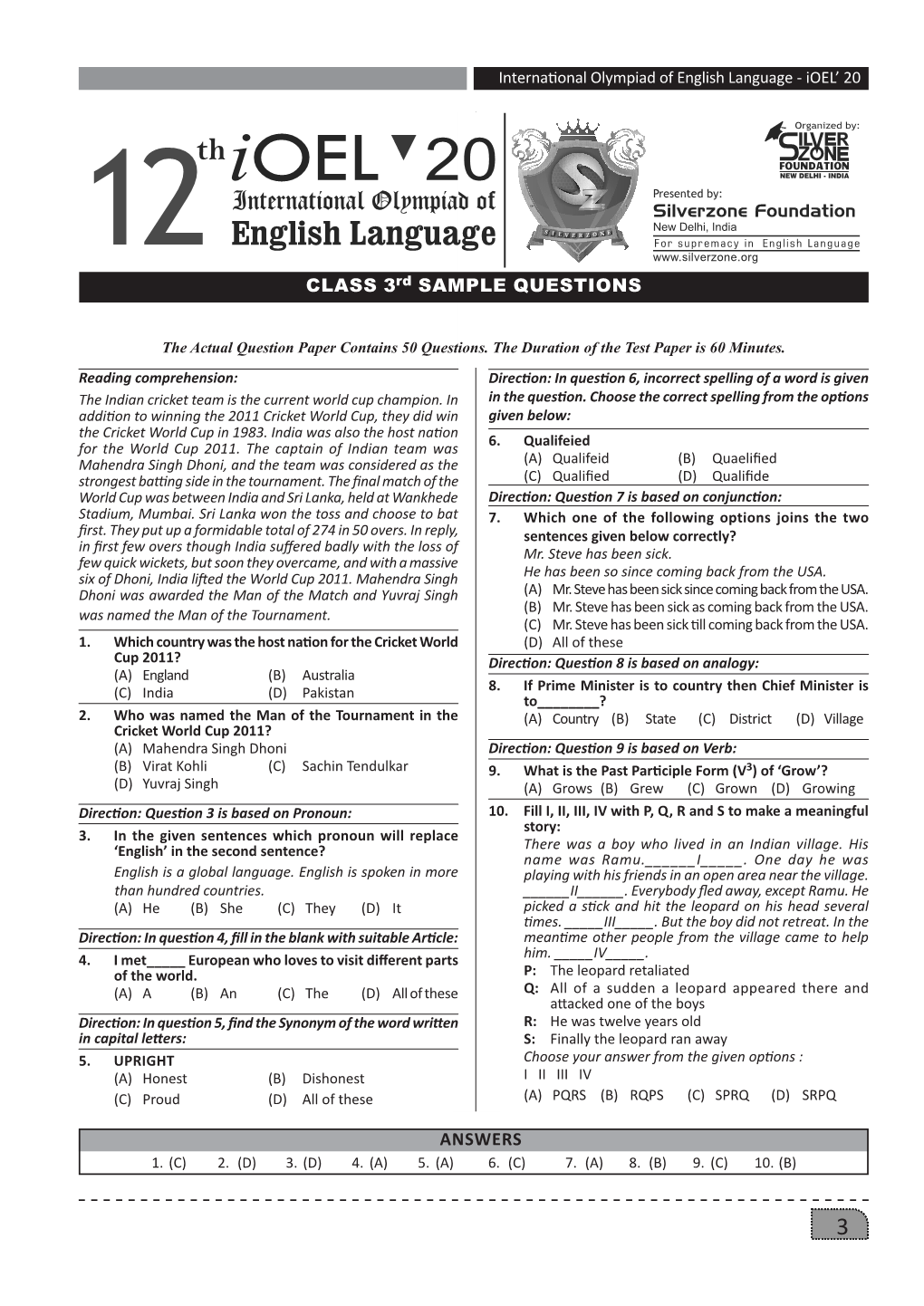 CLASS 3Rd SAMPLE QUESTIONS ANSWERS