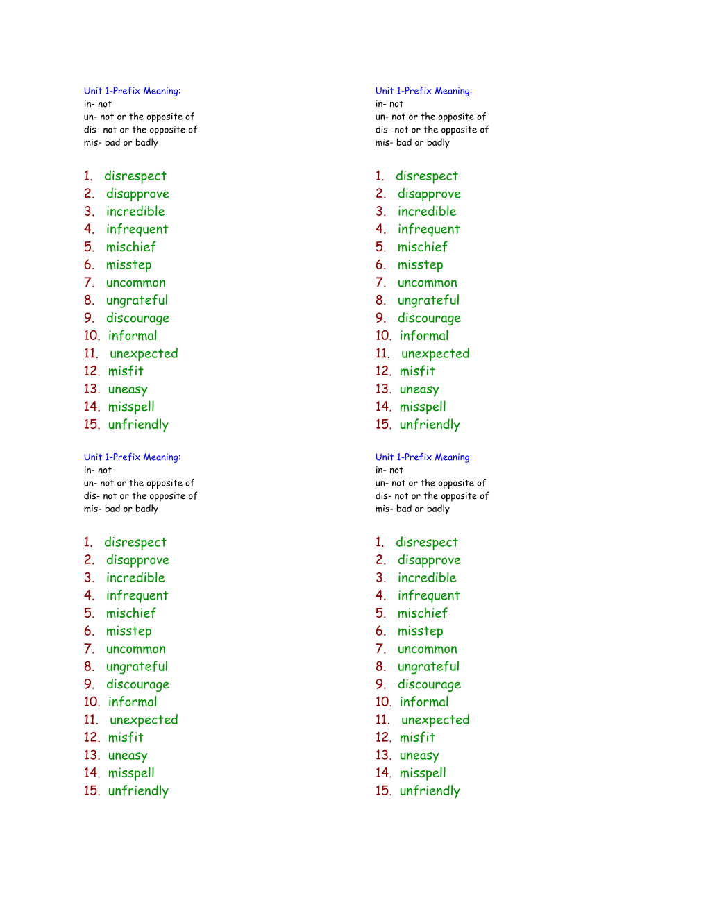 Unit 1 Word List