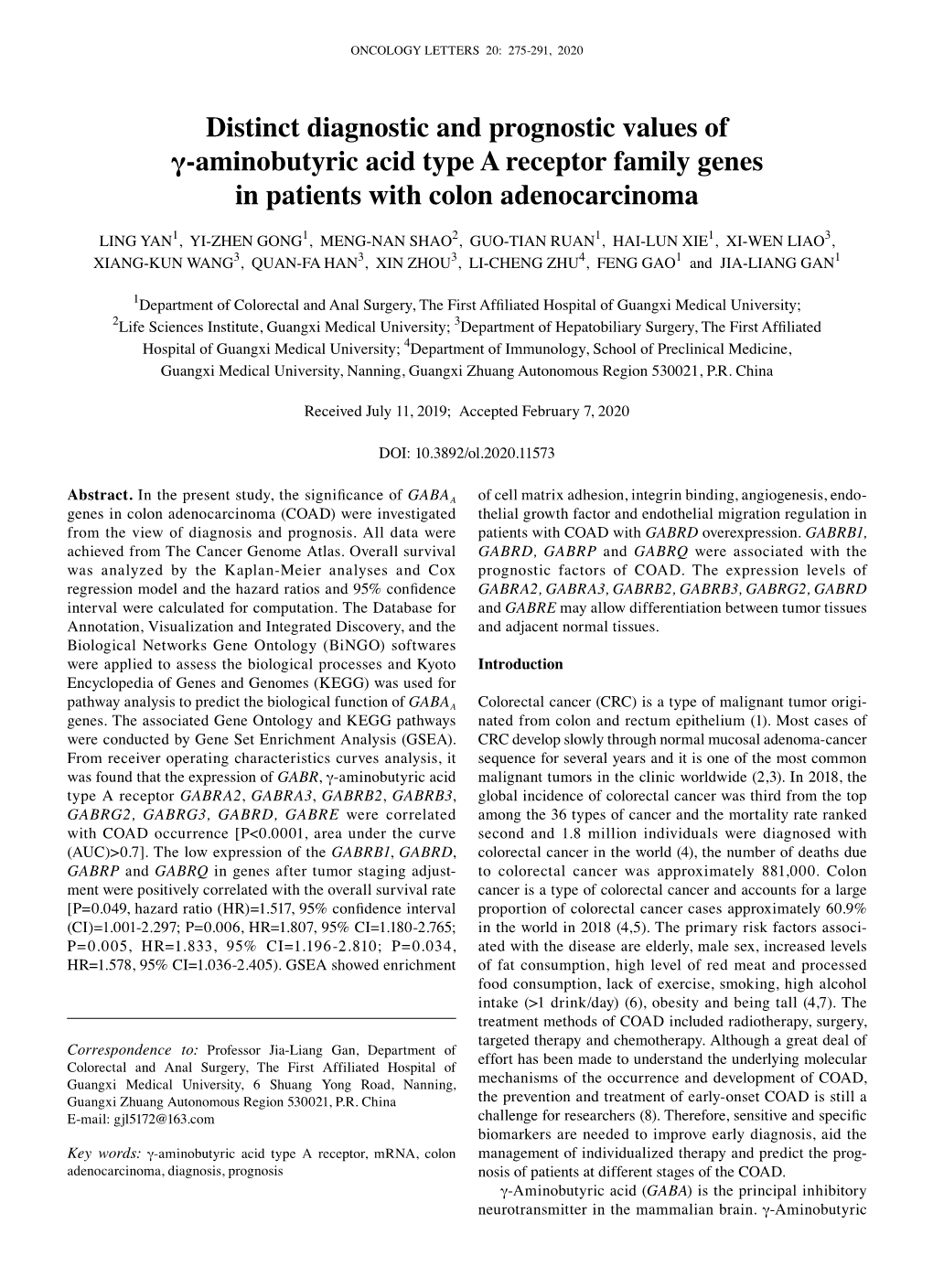 Distinct Diagnostic and Prognostic Values of Γ‑Aminobutyric Acid Type a Receptor Family Genes in Patients with Colon Adenocarcinoma