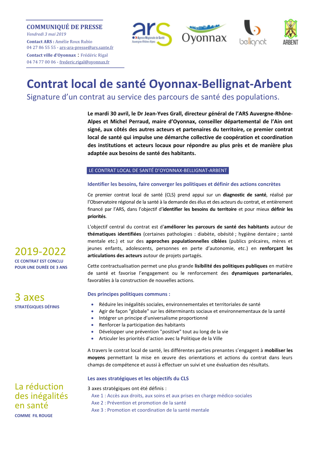 Contrat Local De Santé Oyonnax-Bellignat-Arbent Signature D’Un Contrat Au Service Des Parcours De Santé Des Populations