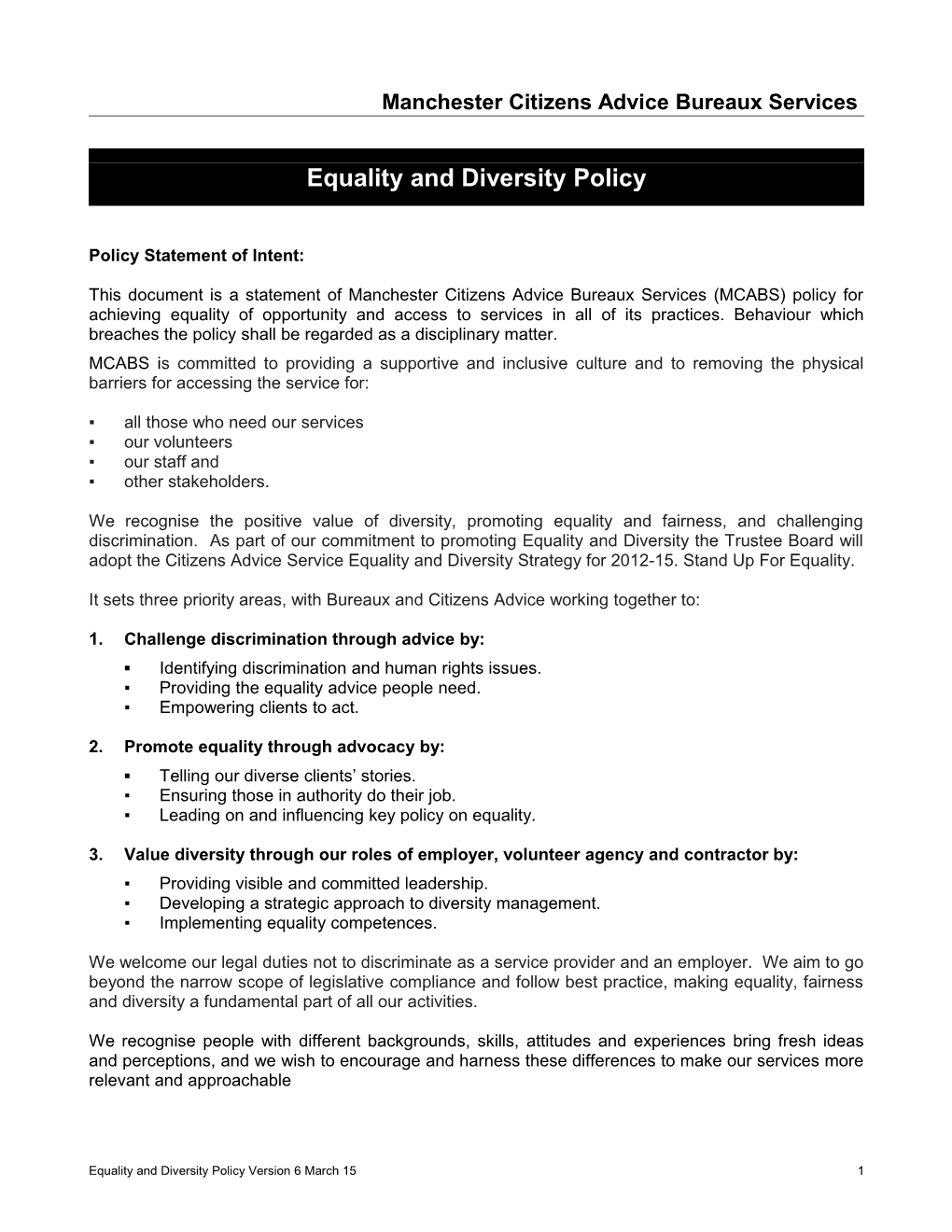 Barking and Dagenham Community Legal Advice Centre Equality and Diversity Policy