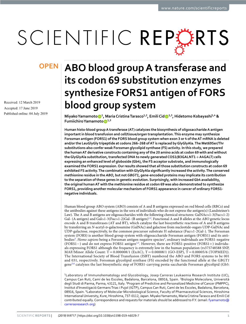 ABO Blood Group a Transferase and Its Codon 69 Substitution