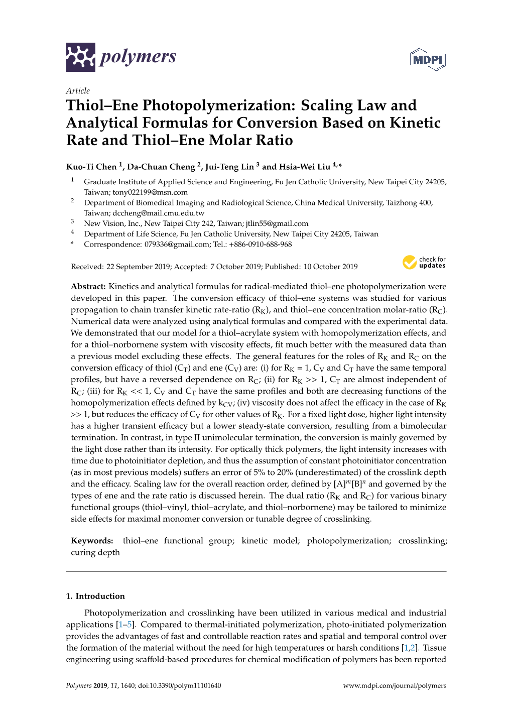 Thiol–Ene Photopolymerization: Scaling Law and Analytical Formulas for Conversion Based on Kinetic Rate and Thiol–Ene Molar Ratio