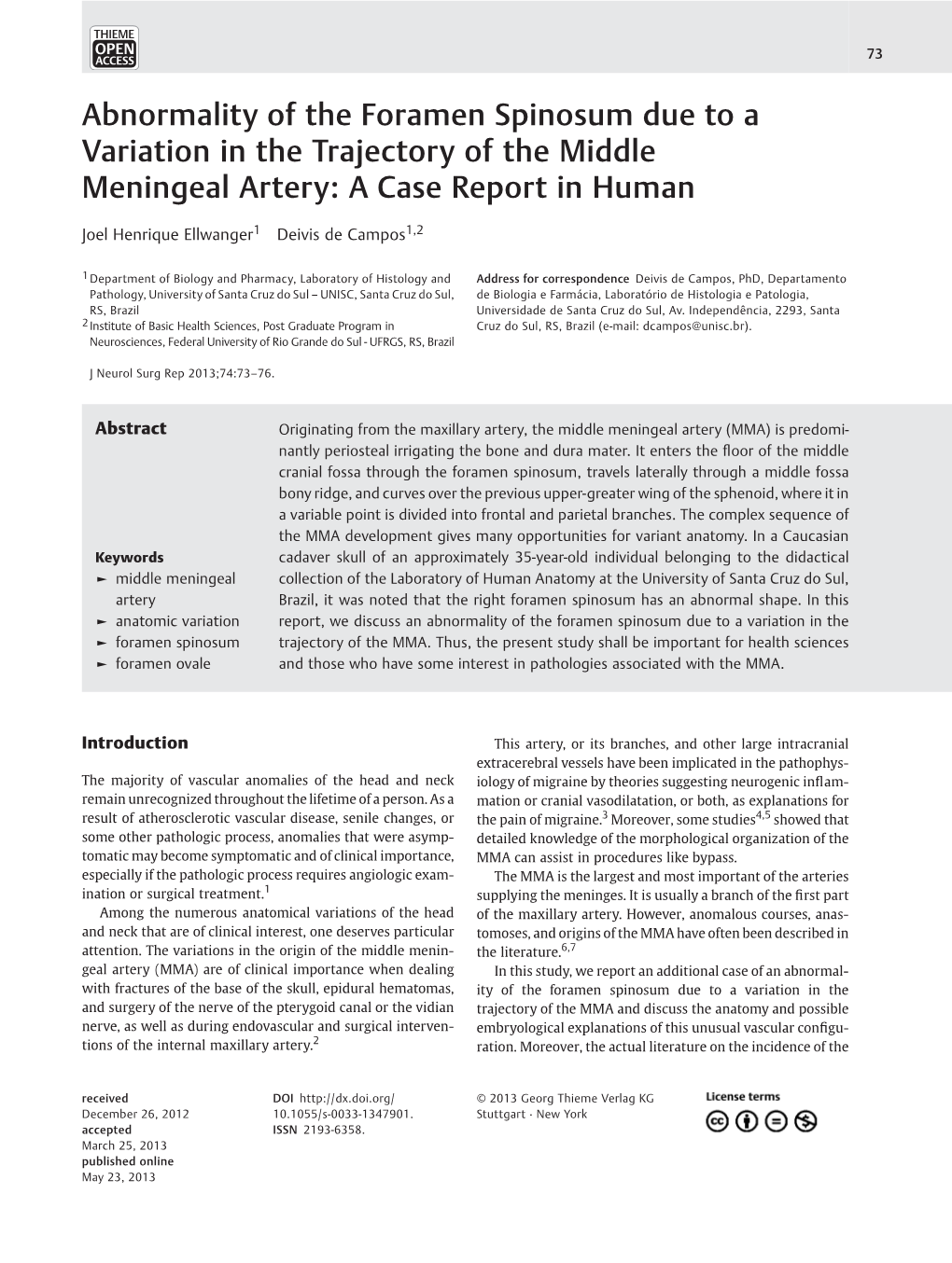 Abnormality of the Foramen Spinosum Due to a Variation in the Trajectory of the Middle Meningeal Artery: a Case Report in Human