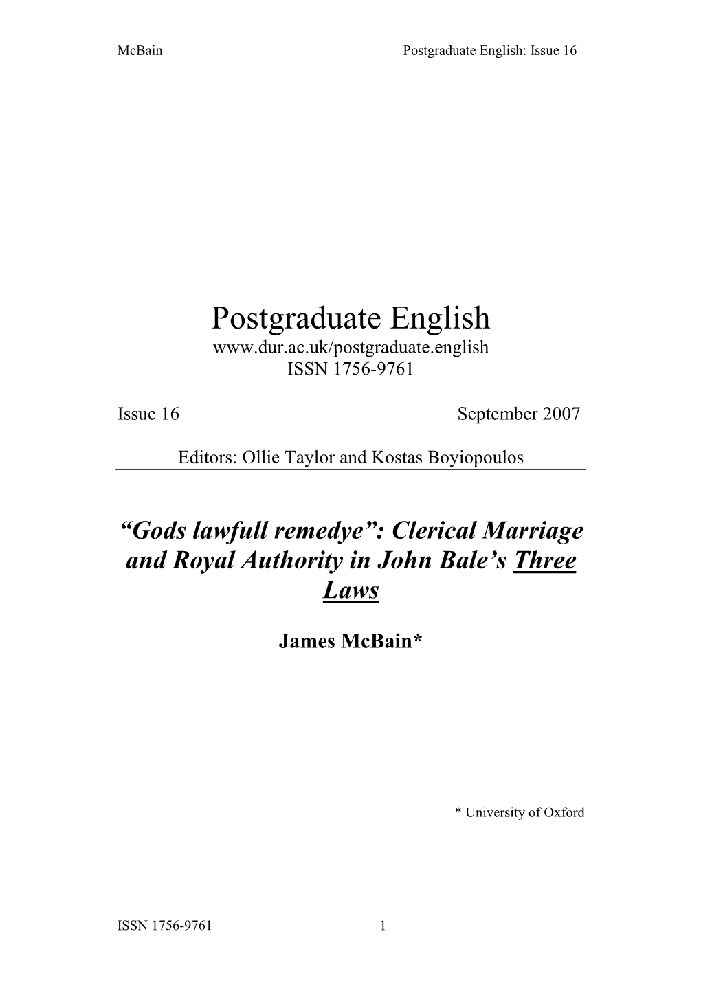 Clerical Marriage and Royal Authority in John Bale's Three Laws James