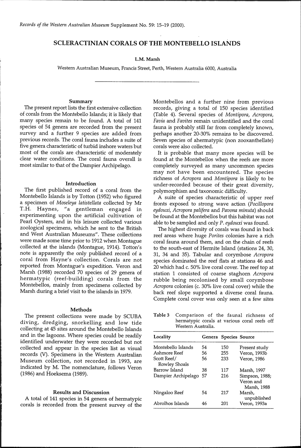 Scleractinian Corals of the Montebello Islands