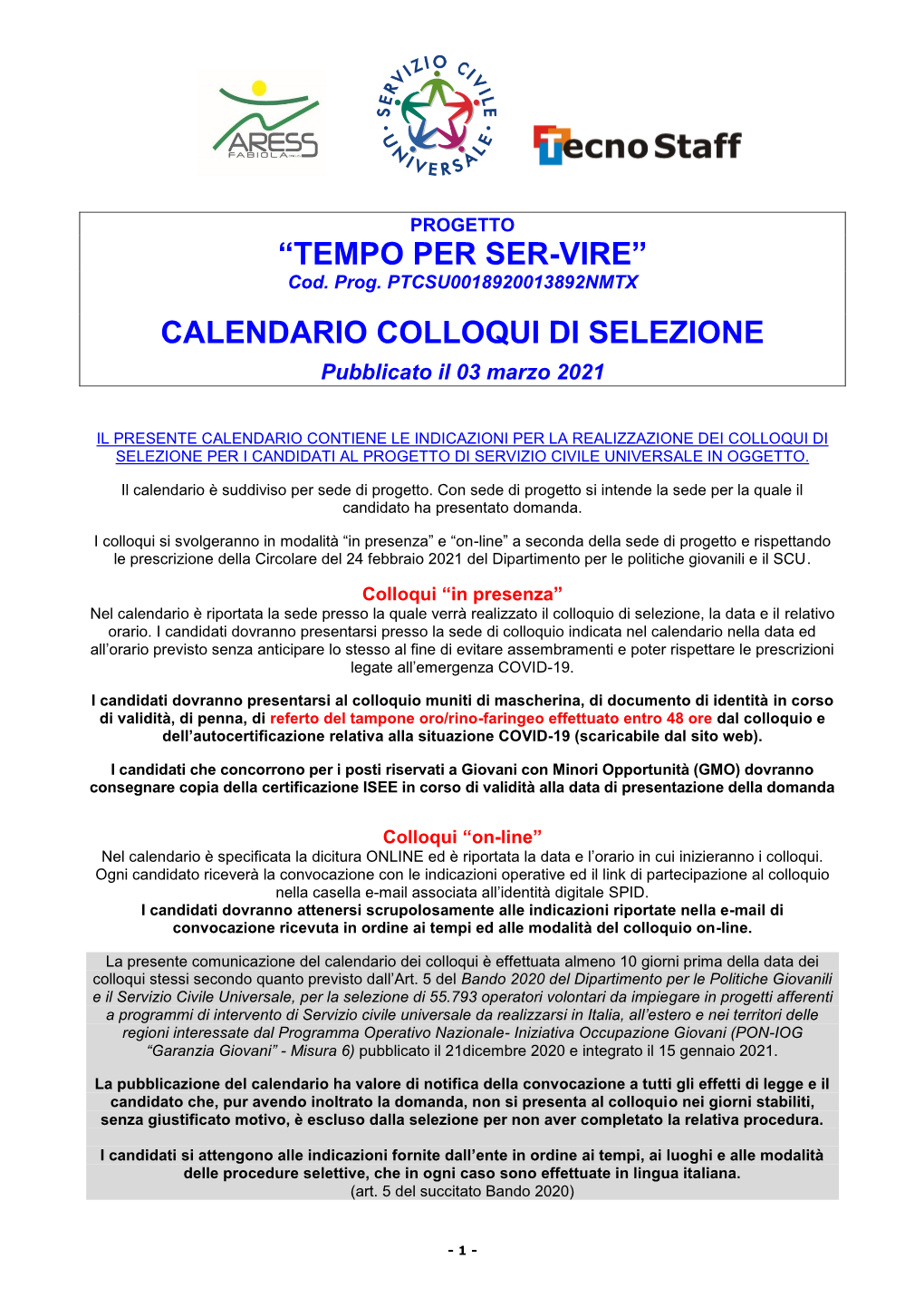 “Tempo Per Ser-Vire” Calendario Colloqui Di