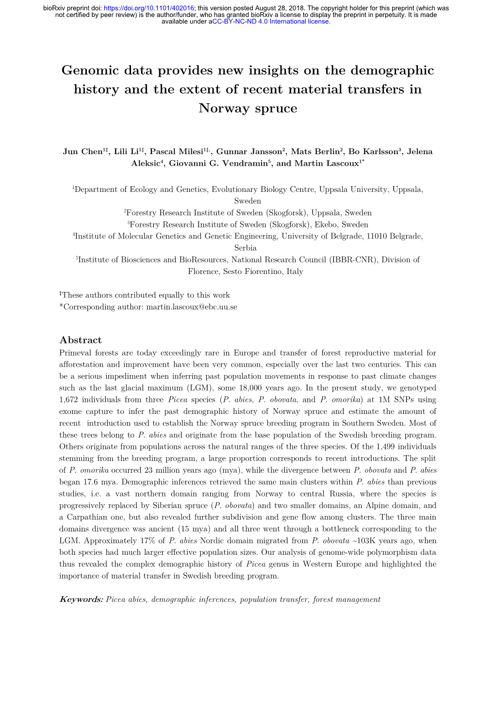 Genomic Data Provides New Insights on the Demographic History and the Extent of Recent Material Transfers in Norway Spruce