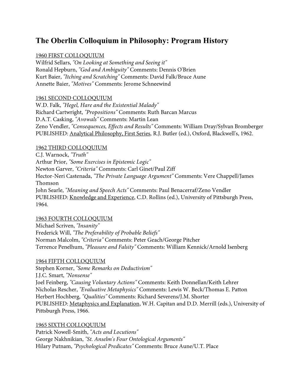 The Oberlin Colloquium in Philosophy: Program History