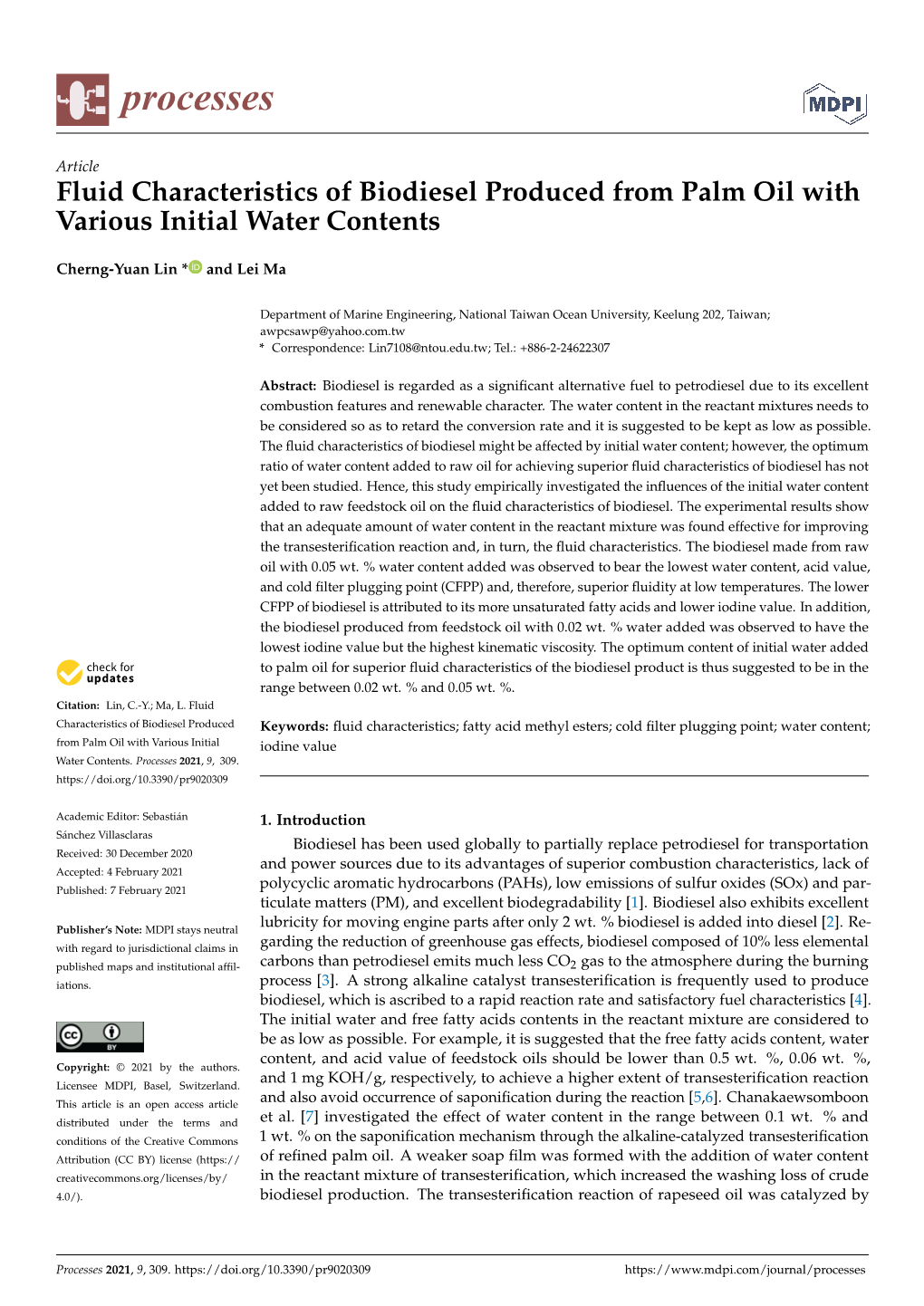 Fluid Characteristics of Biodiesel Produced from Palm Oil with Various Initial Water Contents