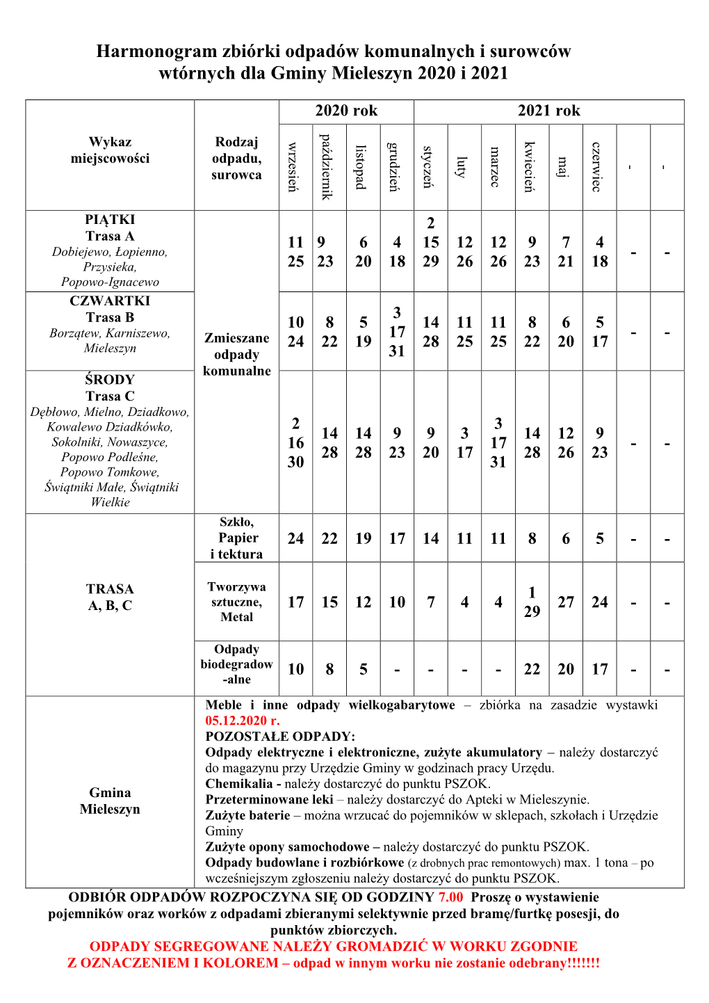 Harmonogram Workowej Zbiórki Surowców Wtórnych