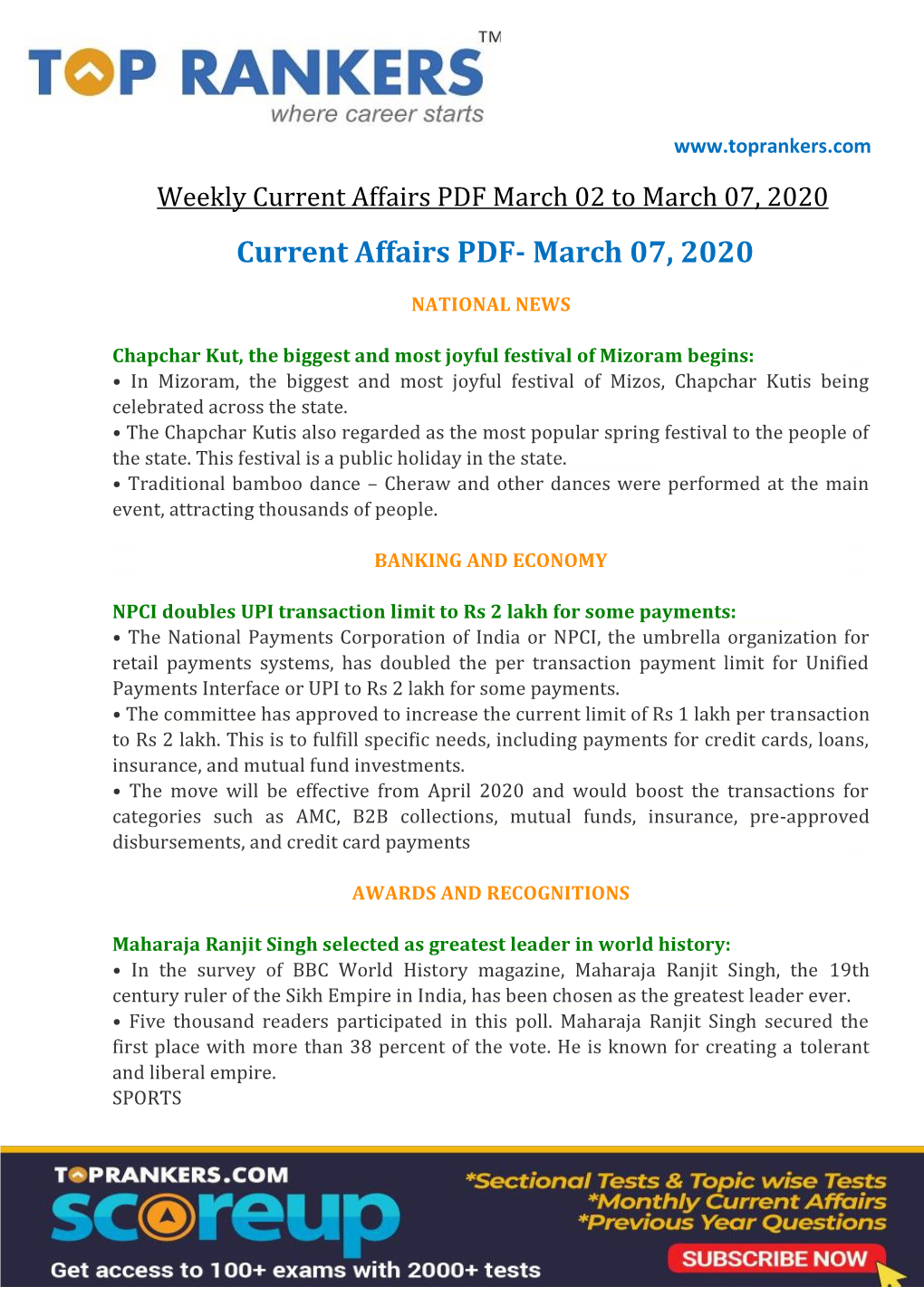 Current Affairs PDF March 02 to March 07, 2020