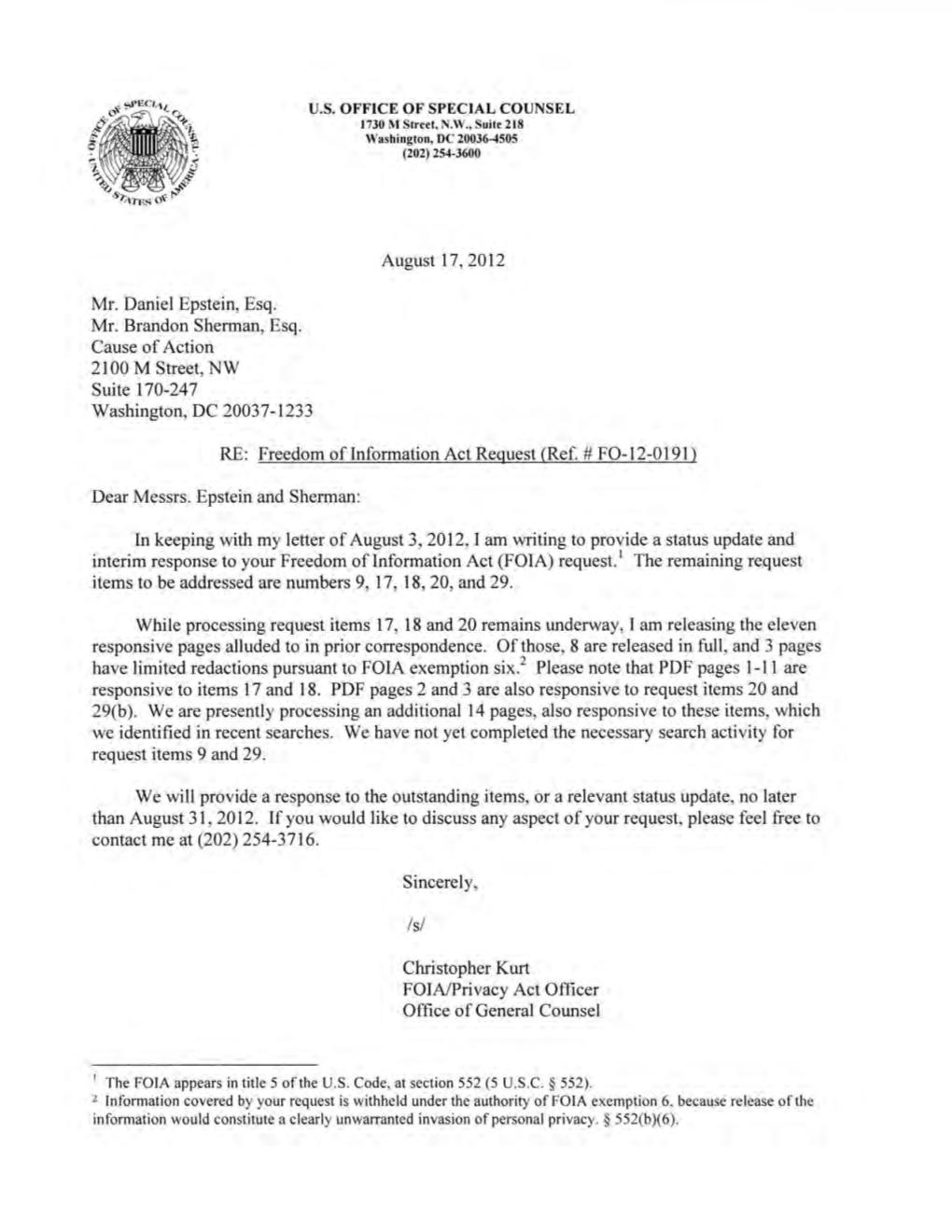 Mr. Daniel Epstein, Esq. Mr. Brandon Sherman, Esq. Cause of Action 2100 M Street, NW Suite 170-247 Washington, DC 20037-1233