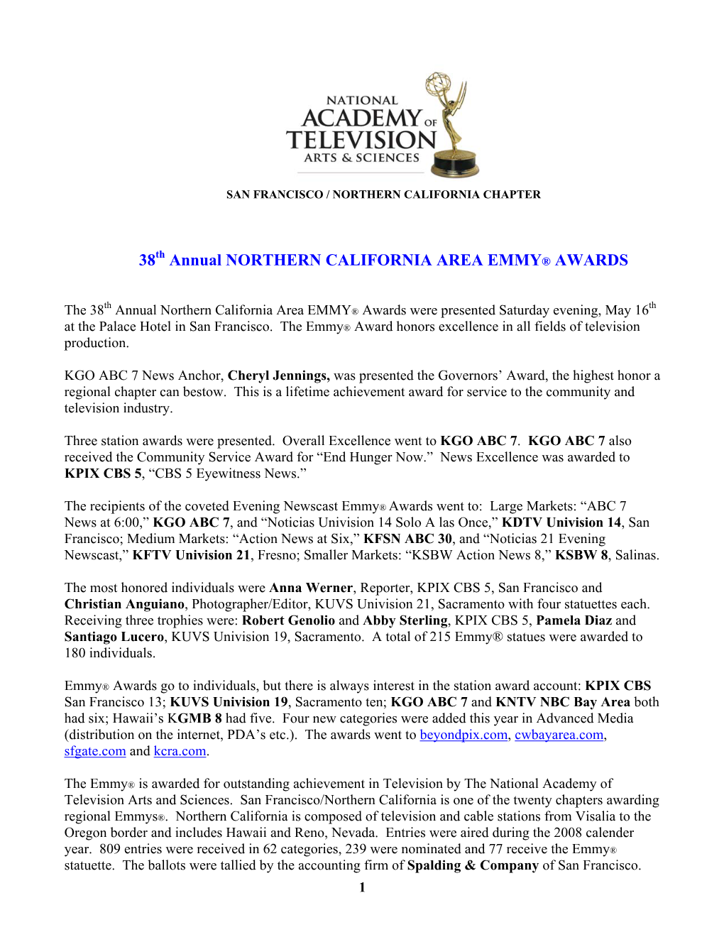 38 Annual NORTHERN CALIFORNIA AREA EMMY® AWARDS