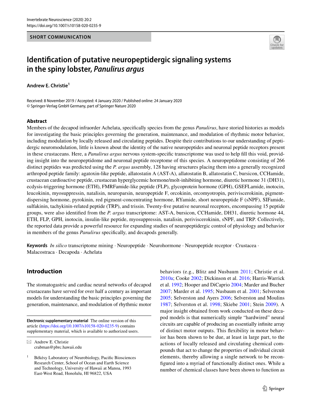 Identification of Putative Neuropeptidergic Signaling Systems