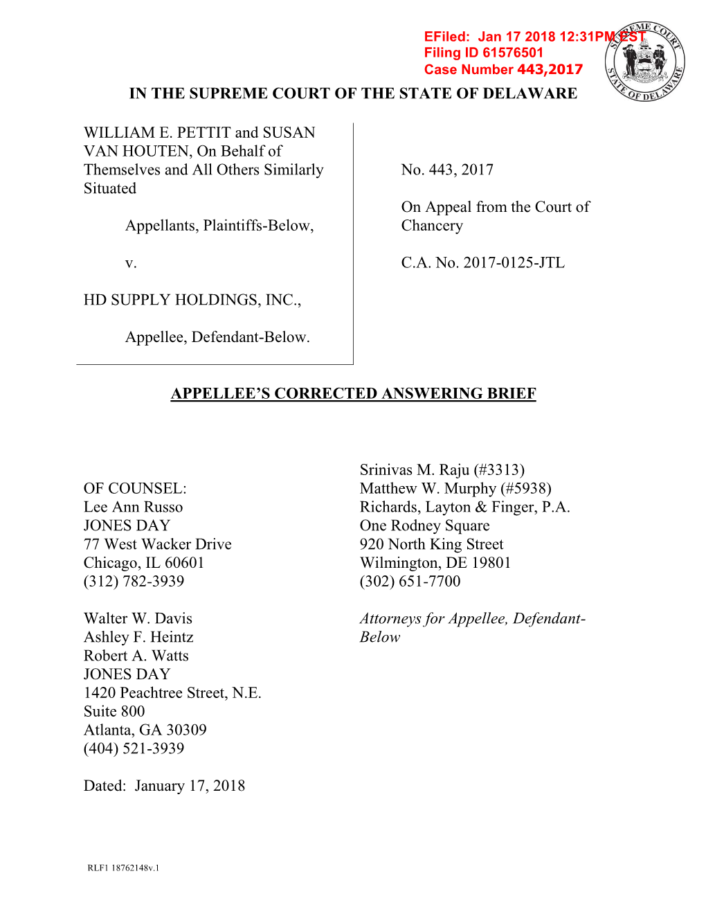 Efiled: Jan 17 2018 12:31PM EST Filing ID 61576501 Case Number 443,2017