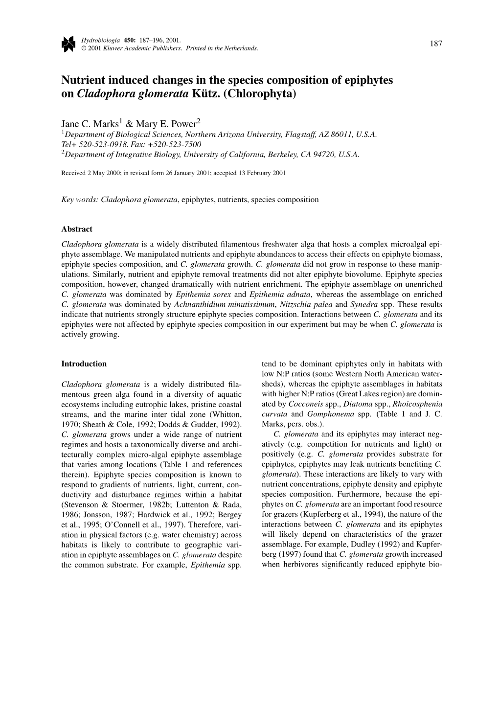 Nutrient Induced Changes in the Species Composition of Epiphytes on Cladophora Glomerata Kütz